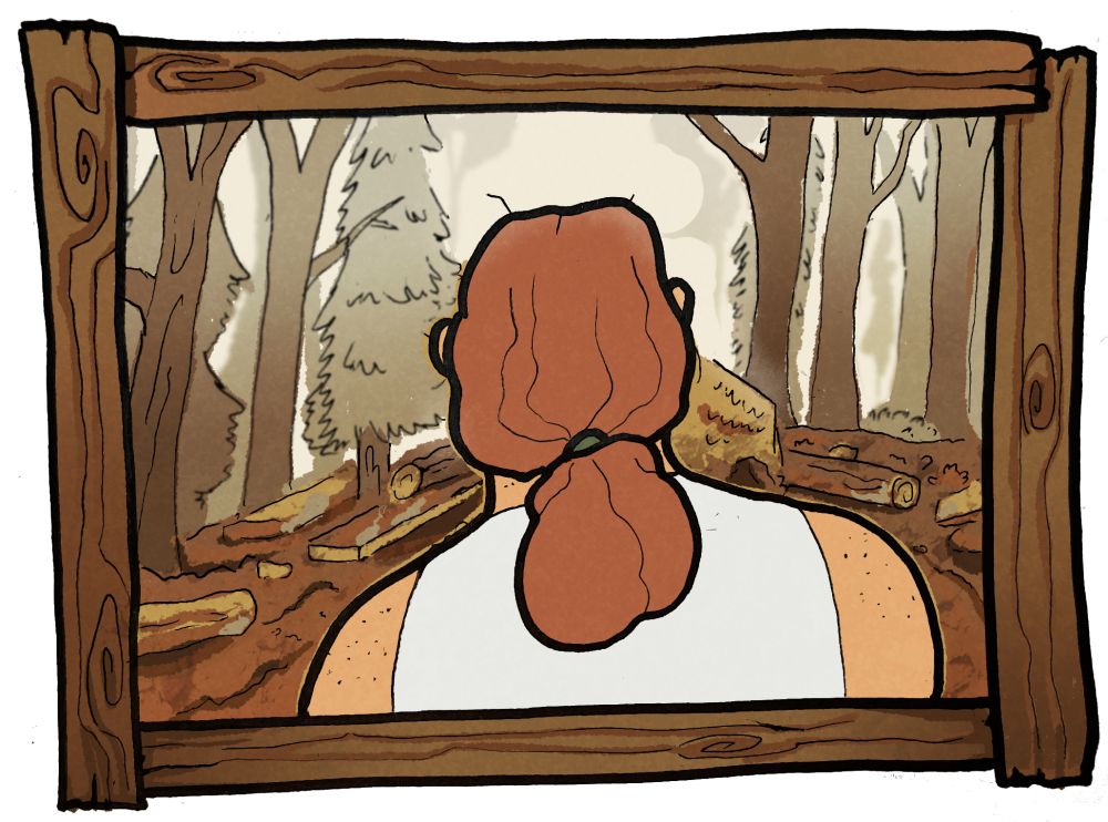 A digitally colored illustration of Betsy Winters. Her back is to the viewer, and she looks out on a forested area filled with scattered logs and debris. The sky above her is overcast.