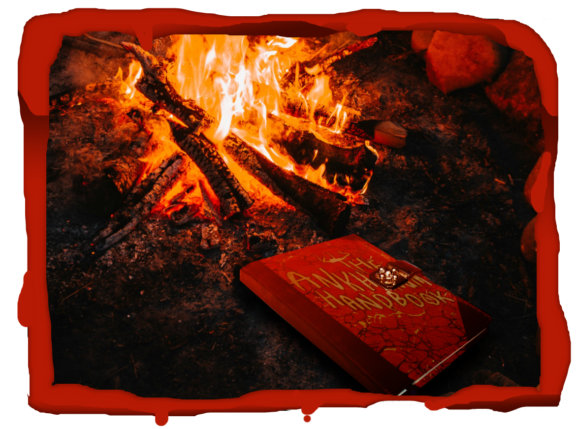 An illustration depicting photos collaged together. The backdrop is a stock image of a nighttime campfire. Resting at its base is a leatherbound manuscript, the cover painted in red swirls. It reads ‘The Ankhanum Handbook’.