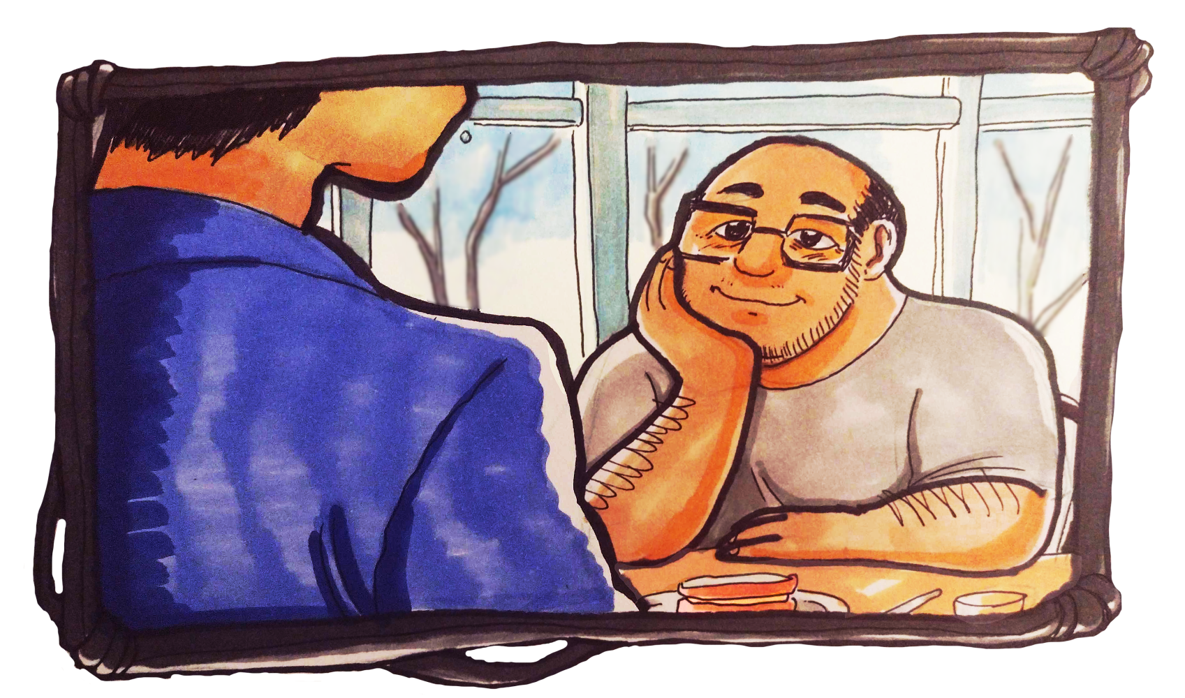 Traditional illustration of a scene from Dead Meat of Hieu and Norman dining together at the bed and breakfast. All we can see of Norman is an over-the-shoulder view of him. He's wearing a blue top of some kind and has his mouth full. Hieu is a fat balding Asian man in his forties. He has his hand on his cheek and is looking across the table at Norman lovingly.