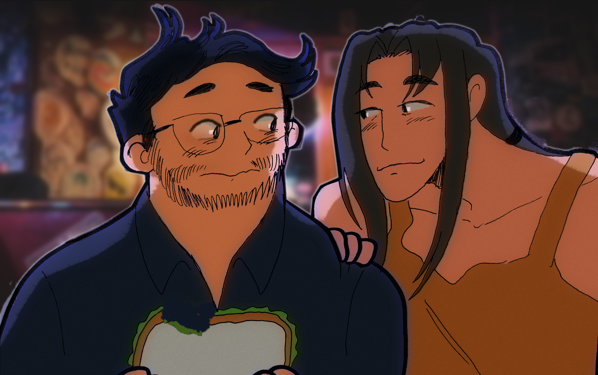 A digital illustration depicting Norman Nguyen and Hieu Phan meeting for the first time proper. Hieu has a full head of dark hair and facial hair and is holding a sandwich with a huge bite out of it. He looks flustered. Norman, however, has a sly smile on his face and is looking at Hieu fondly. Norman is wearing an orange tank top and has his long dark hair pulled back in a ponytail. The background is an edited stock photo of a bar.