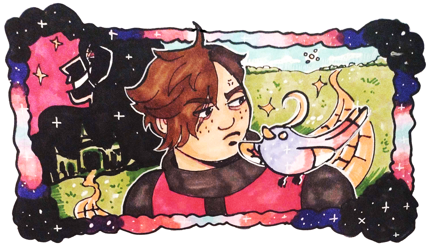 Marker illustration of Cinnamon Maeweather, a mixed race nonbinary person. They have a round face and brown hair thats longer on one side than the other. They're frowning at a multicolored bird on their shoulder. In the background is a grassy field and a road of yellow brick, leading to an emerald castle in the distance. A shadowed figure overlooks the entire scene.