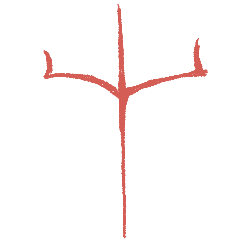 A simplistic digital illustration of a trident, styled in red.