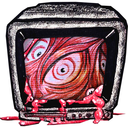 Traditional illustration of an older television set. It appears to be leaking gore around the edges of the screen, which displays a mass of muscle tissue & red-ringed eyes.