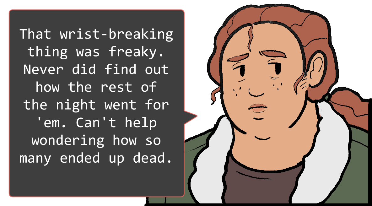A shoulders-up illustration of Betsy. She looks sad. The speech bubble to her left reads: ‘That wrist-breaking thing was freaky. Never did find out how the rest of the night went for them. Can’t help wonderin’ how so many ended up dead.’