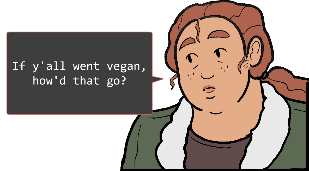 A shoulders-up illustration of Betsy. She looks thoughtful. The speech bubble to her left reads: ‘If y’all went vegan, how’d that go?’