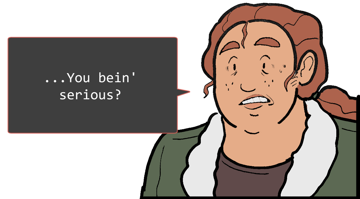A shoulders-up illustration of Betsy. She looks shocked. The speech bubble to her left reads: ‘...You bein’ serious?’