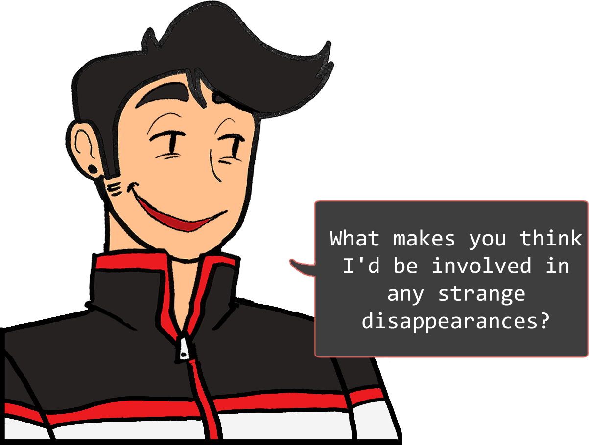 A shoulders-up illustration of Red. He’s smiling coyly. The speech bubble to his right reads: ‘What makes you think I’d be involved in any strange disappearances?’