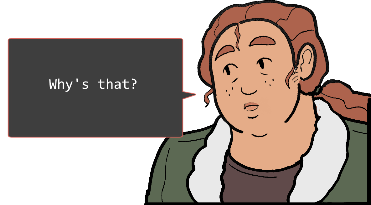 A shoulders-up illustration of Betsy. She looks thoughtful. The speech bubble to her left reads: ‘Why’s that?’